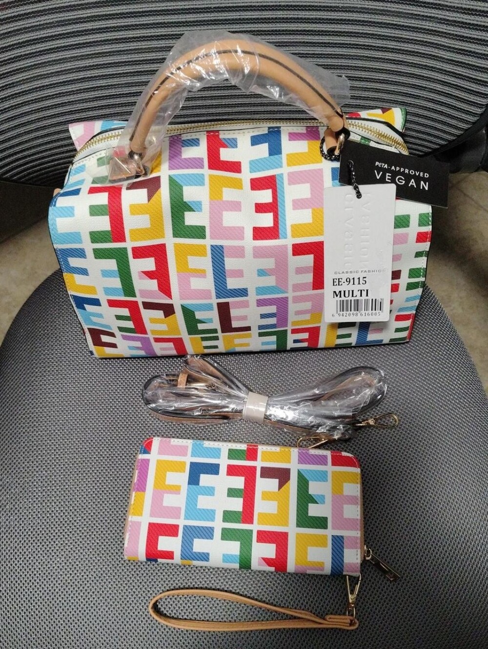 Vegan Multi Color Pattern Satchel with Matching Wallet